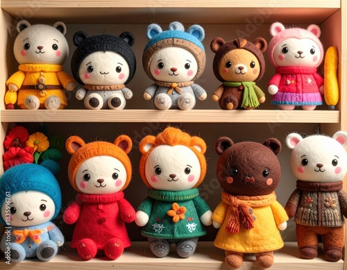 Handmade felt dolls on wooden shelf