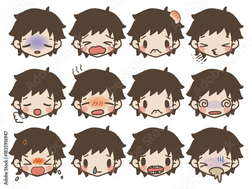 手描きの男の子表情セット３アクシデント