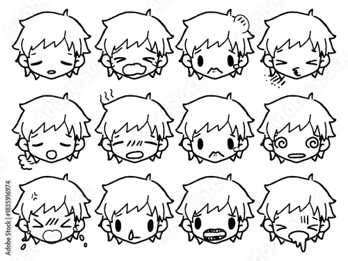 手描きの男の子表情セット白黒３アクシデント