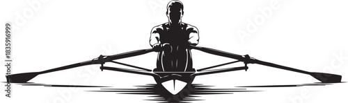 Overhead silhouette of a single scull rower in a racing shell with oars extended on white background