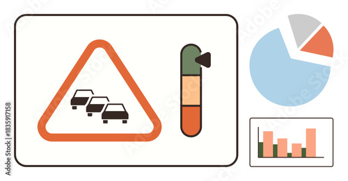 Warning sign of traffic congestion with meter indicator, statistical pie chart, and bar graph. Ideal for traffic management, analytics, safety, alerts, urban planning, education simple flat metaphor