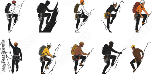 Vector illustration set of business professionals working on laptops and clipboards, analyzing charts, symbolizing financial data, research, and corporate office work.