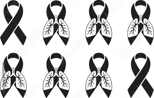 Pearl awareness ribbon forming negative-space lungs, bold black silhouette icon for lung cancer support, screening and prevention