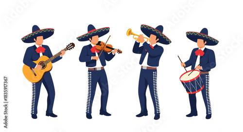 Mariachi band with four musicians in traditional charro outfits and sombreros playing guitar, violin, trumpet, and drums. Vector illustration isolated on white background.
