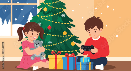 Happy children opening presents on Christmas morning, with a boy playing a video game and a girl hugging a teddy bear by the tree. Festive holiday family scene vector illustration.
