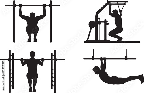 Pull-up exercise variations silhouette set showing gym workout techniques on bars and machines for upper body strength training illustration