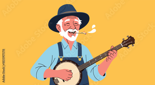 Happy elderly man with a white beard, wearing overalls and a hat, joyfully playing the banjo and smoking a pipe. Country music and folk culture vector illustration.