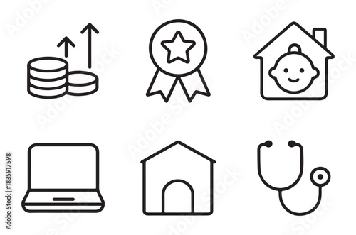 Icons representing finance achievement family technology and healthcare concepts