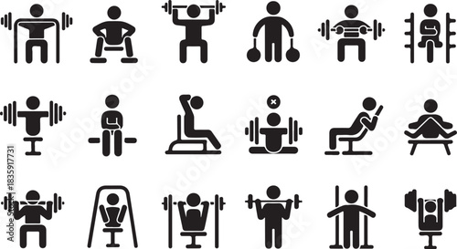 Series of fitness icons depicting various exercises and poses. Scene is energetic and focused on physical fitness