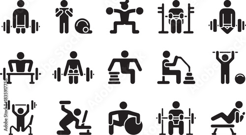 Series of fitness icons depicting various exercises and poses. Scene is energetic and focused on physical fitness