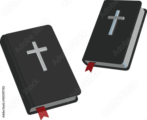 Two black bibles with silver crosses and red bookmarks