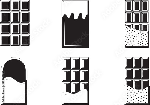 Set of chocolate bar silhouette vector illustration with candy block, dessert snack, sweet food design, cocoa treat packaging collection