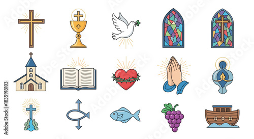 Set of fifteen colorful Christian icons and religious symbols, including the cross, holy grail, dove of peace, and stained glass windows. Spiritual and faith vector collection.