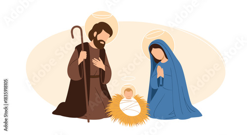 Modern flat vector illustration of the holy family in the nativity scene, with Mary and Joseph kneeling beside the manger with baby Jesus. Christian Christmas story graphic.