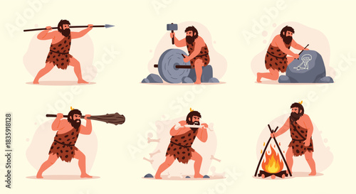 Set of six cartoon illustrations showing a bearded caveman in the stone age engaged in various survival activities. Prehistoric human life and evolution vector collection.