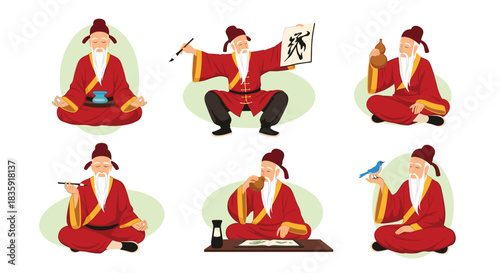 Set of six illustrations depicting an ancient wise Chinese philosopher in a red robe, engaged in various traditional activities. Asian culture and history vector character.