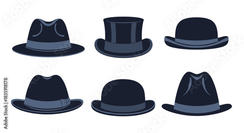 Set of six classic men's hats in a dark gray and blue color scheme, including fedora, top hat, and bowler hat styles. Vintage gentleman's headwear vector collection.