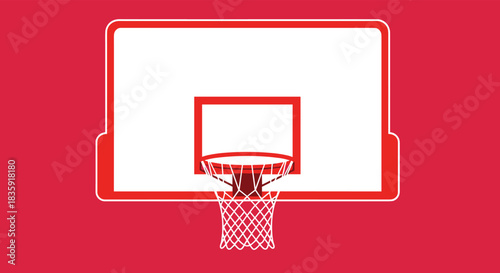 Minimalist graphic of a white basketball backboard and hoop with a net, set against a solid bright red background. Simple sports equipment vector illustration with copy space.