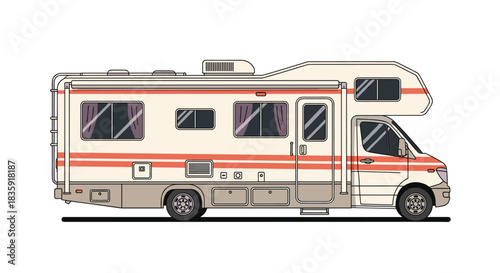 Side profile illustration of a class C motorhome or recreational vehicle (RV), perfect for road trips, camping, and travel. Camper van vector graphic isolated on white.