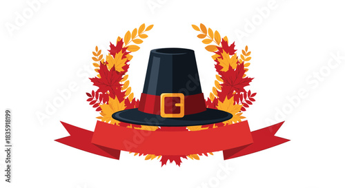 Thanksgiving pilgrim hat surrounded by a festive wreath of colorful autumn leaves and a blank red ribbon for text. Traditional holiday decoration vector emblem.