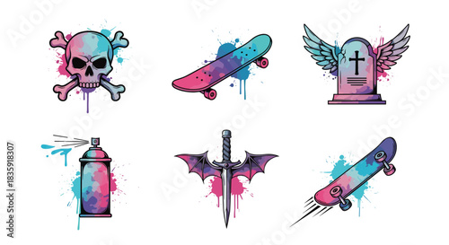 Set of six edgy, urban icons with a watercolor graffiti splash effect, including a skull and crossbones, skateboard, and winged gravestone. Modern street art vector elements.