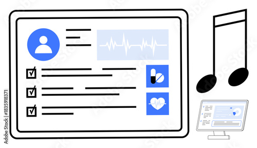 Digital health, telemedicine, patient monitoring, medical records, healthcare technology, data visualization. A tablet screen with patient data and medical icons. Digital health and telemedicine