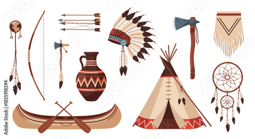 Collection of Native American cultural symbols and traditional objects, including a feathered headdress, teepee, canoe, and dreamcatcher. Indigenous heritage vector set.