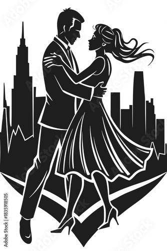 Elegant couple dancing romantically in silhouette against a city skyline backdrop