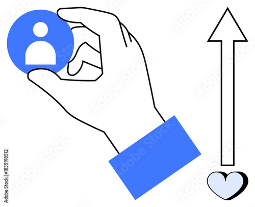 User management, growth trends, customer engagement, identity, personalization, analytics. A hand holding a user icon with an upward arrow ending in a heart. User management and growth trends concept
