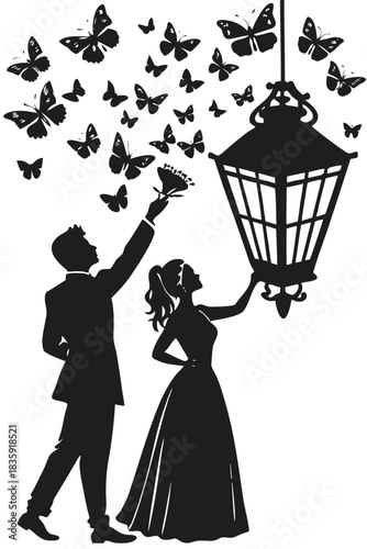 Silhouette couple releasing butterflies near ornate lantern symbolizing love and dreams