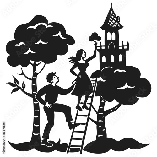Couple climbing ladder to fairytale castle in tree reaching for a cloud