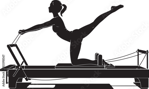 Silhouette of a Woman Doing Pilates Leg Exercise on a Reformer Machine for Core Strength and Flexibility