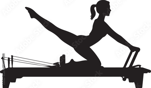 Silhouette of a Woman Doing Pilates Leg Exercise on a Reformer Machine for Core Strength and Flexibility