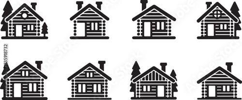 Snowy cabin simple vector icon set. christmas silhouette icons on black color and white background