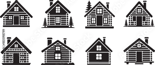 Snowy cabin simple vector icon set. christmas silhouette icons on black color and white background