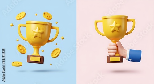 Achievement concept showing golden trophy cup with coins and star icons