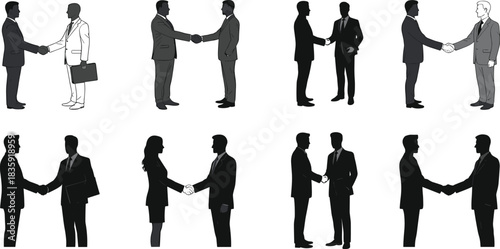 Handshake silhouette illustration set, business agreement partnership icons, formal greeting vector bundle, graphic corporate interaction design pack