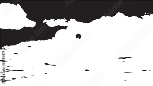 Black and White Graphic Illustration of Clouds and Sun over Horizon