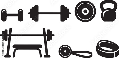 Strength training silhouette icons set, Simple gym and fitness equipment symbols