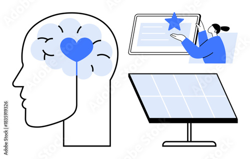 Mental health, sustainable energy, digital education, emotional intelligence, technological progress, green innovation. Brain with a heart, solar panel person interacting with a tablet. Mental