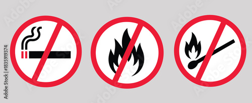 No smoking sign, red prohibition icon, no smoking and no open fire burning, including no open flame symbol, suitable for safety instructions, warning signage,