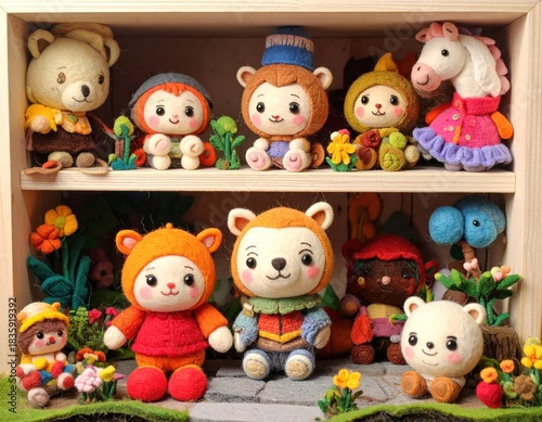 Needle felted animal figures display