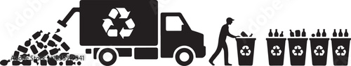 Waste management illustration depicting a truck trash and recycling bins