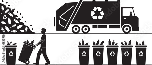 Waste management illustration depicting a truck trash and recycling bins