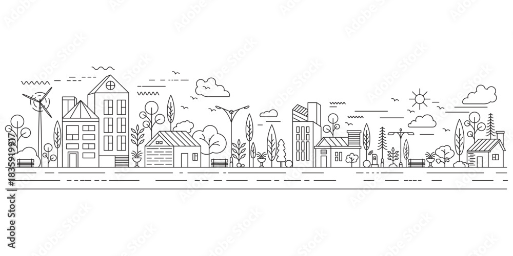 Obraz premium Eco Urban Cityscape Line Art with Trees and Houses