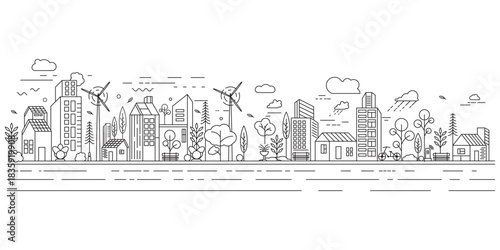 Modern City Line Art with Buildings and Wind Turbines