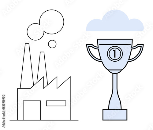 Industrial achievement concept. a factory and a trophy to industrial excellence and success. Industrial growth, achievements recognition, and business awards. Use for manufacturing, productivity