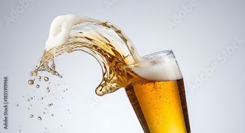 A glass of beer with foam and splash against white background