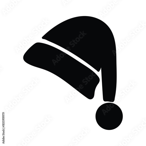 A simple black silhouette icon of a traditional Christmas Santa hat with a pom-pom on a white background.