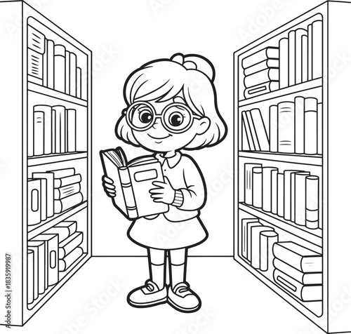 Young girl reading a book between library shelves